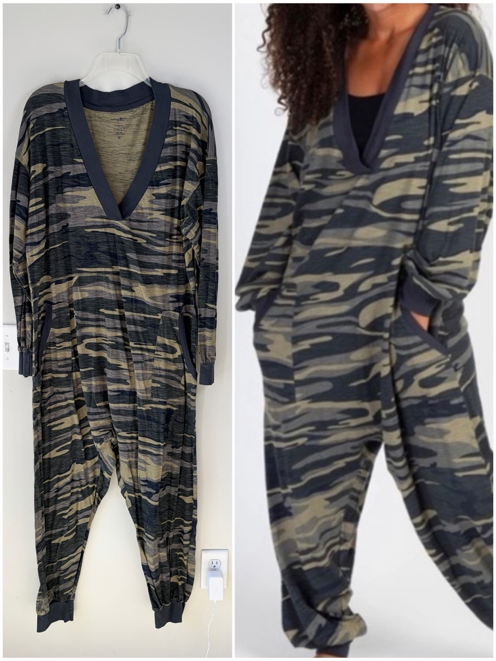 Natural Life Oversized Camo Print Johnnie Slub Cotton Jumpsuit Loungewear Cozy